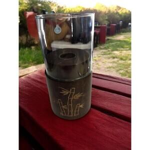 Candle Dark Brown Wood Holder with Bamboo Etching Glass Globe 9.25 in tall